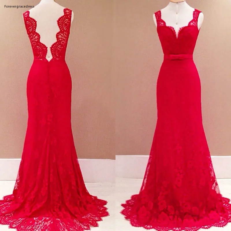 2016 Red Lace Straps Prom Dresses Sweetheart Neck Open Back with Sash Long Evening Gowns 129 (2)