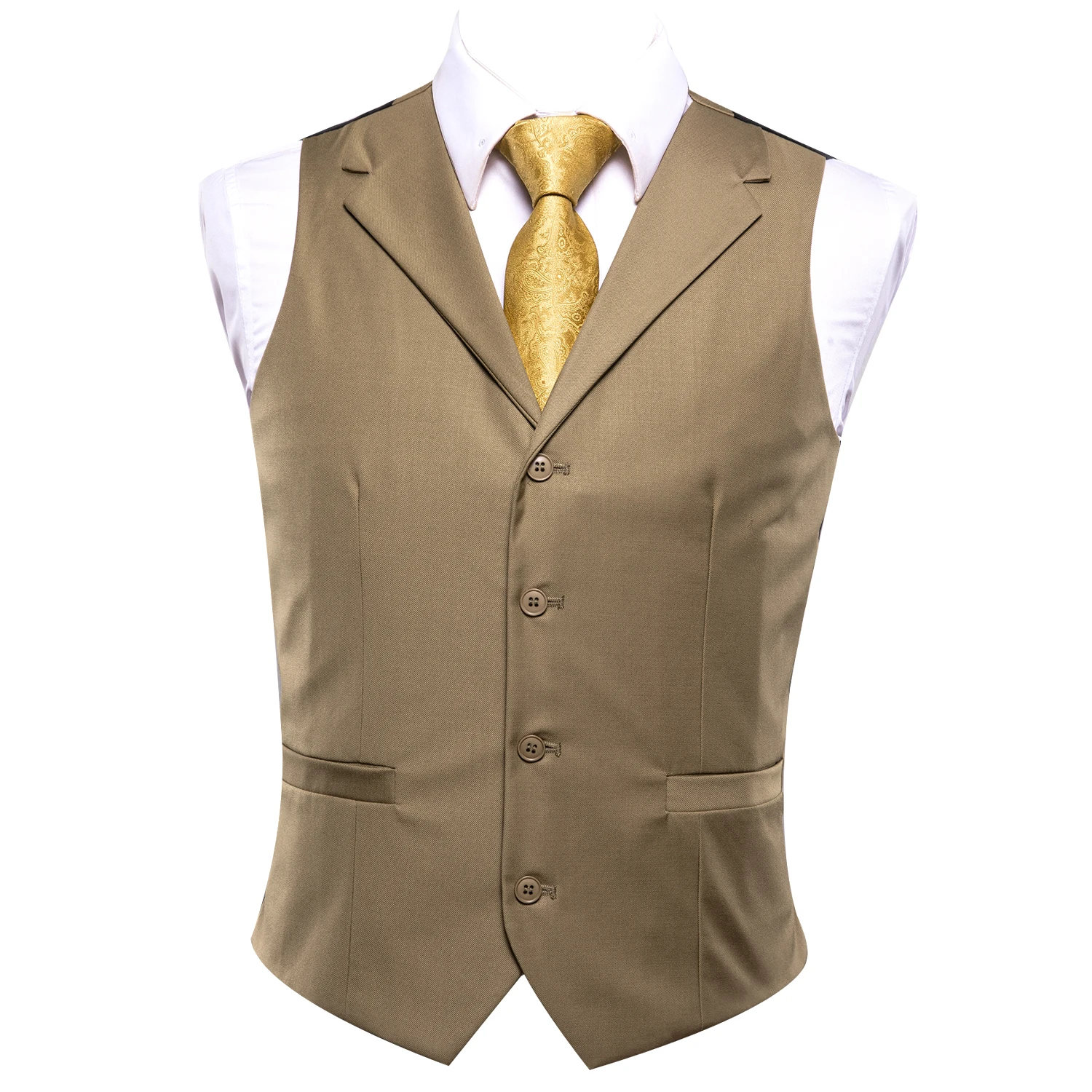 Hi-Tie Luxury Silk Mens Vests Coffee Solid Waistcoat Men Vest Gold Brown Neck tie Hanky Cufflinks Set for Dress Suit Business sport coat