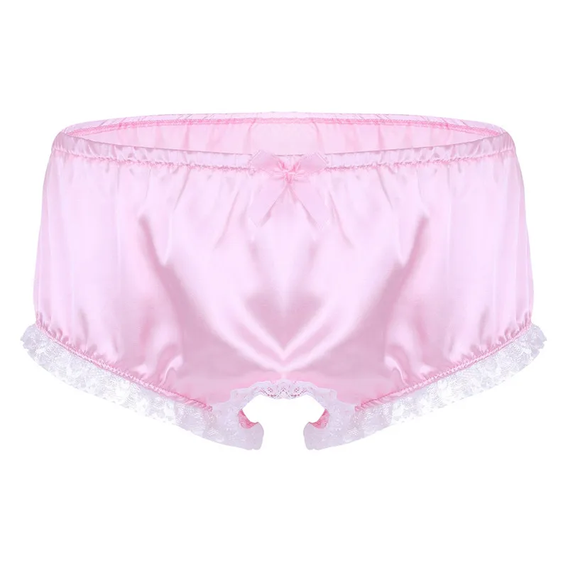 Pink Мужское гей мужское нижнее белье Sissy мягкие гофрированные кружевные блестящие Сексуальные трусы с открытой промежностью нижнее белье - Цвет: Pink