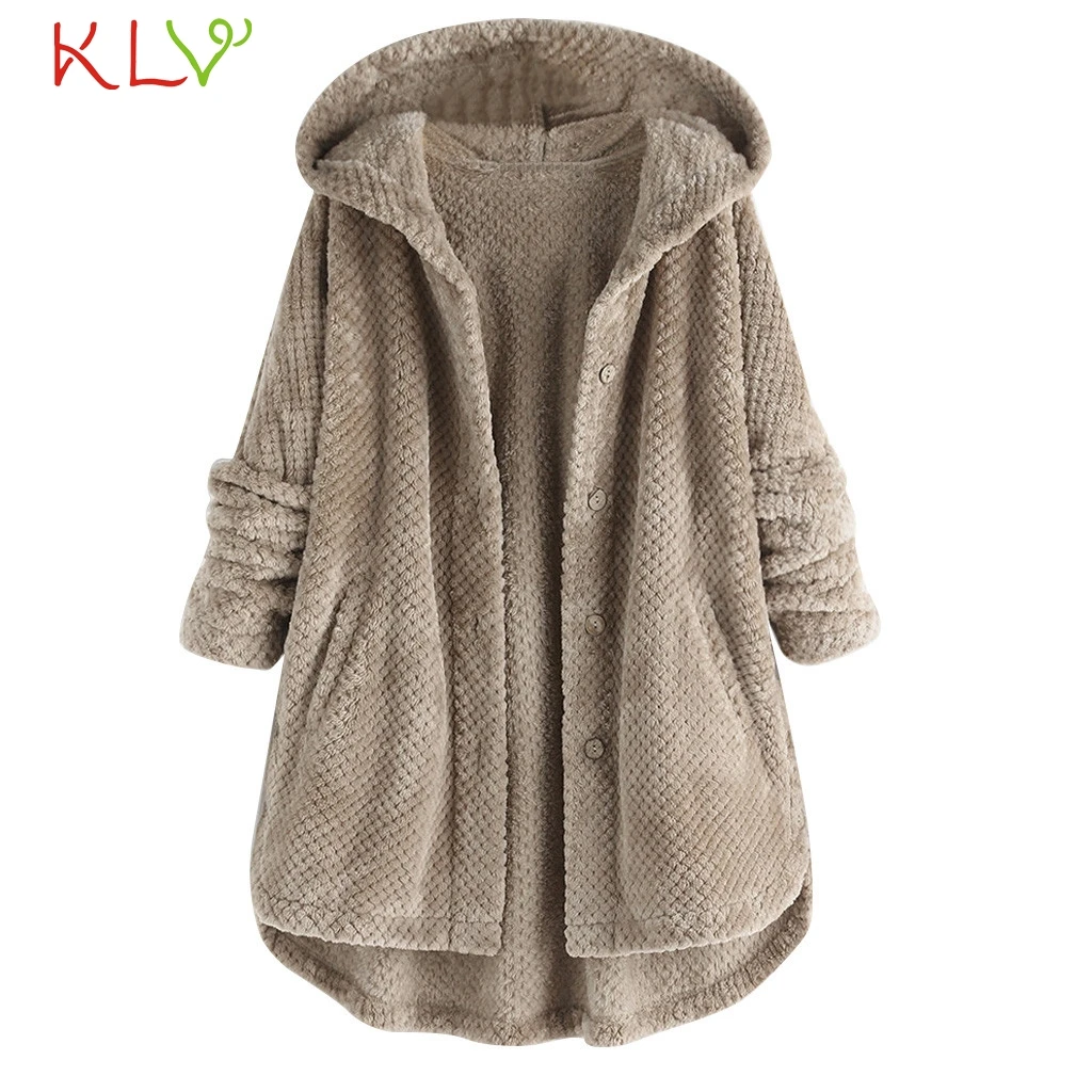 Gray Women Jacket Hooded Fleece Pocket Warm Winter Coat Fluffy Button Casual Top Outwear Clothes Plus Size Manteau Femme 5XL 19Oct - Color: Gray