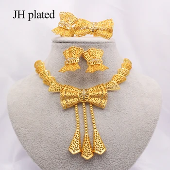 

Nigeria Dubai 24K Gold jewelry sets African bridal wedding gifts party for women Bracelet Bowknot Necklace earrings ring sets