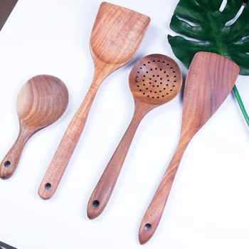 

1pc Chinese Style Unpainted Solid Wood Teak Spatula Rice Spoon Kitchen Cooking Accessories Creative Kitchen Wooden Spoon