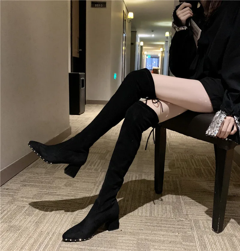 

2019 New Style Autumn & Winter Chunky-Heel Boots Snow Female over-the-Knee Boots High Heel Boots Thin Boots Elasticity Thigh B