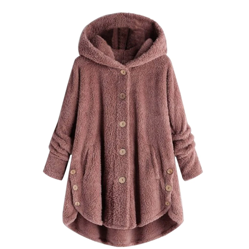 NIBESSER Leopard Plush Fleece Women Hooded Jackets Fashion Autumn Thin Soft Long Hoodie Coat Button Solid Loose Overcoat - Цвет: pink