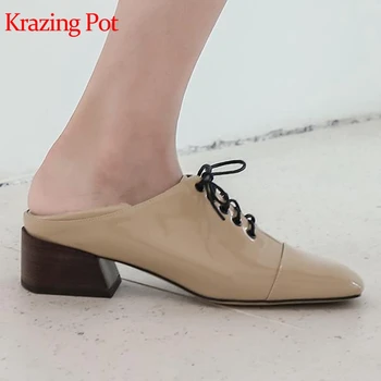 

Krazing pot hot saling 2019 microfiber patent leather square toe med heels cross-tied mixed color elegant women Autumn pumps l60
