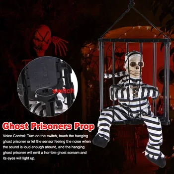 

Trick Halloween Decor Hanging Prison KTV Glowing Eye Haunted House Ghost Prisoners Prop Light Up Bar Family Party Motion Sensor