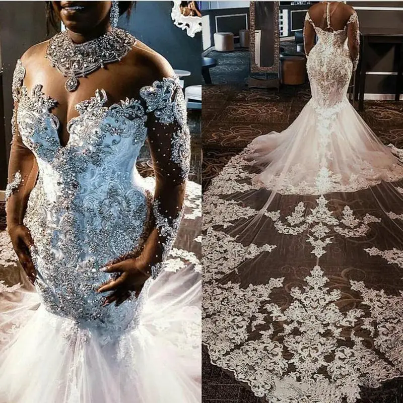 

Sheer Long Sleeves Lace Mermaid Wedding Dresses Applique Beaded Crystals Bridal Gowns Custom Made