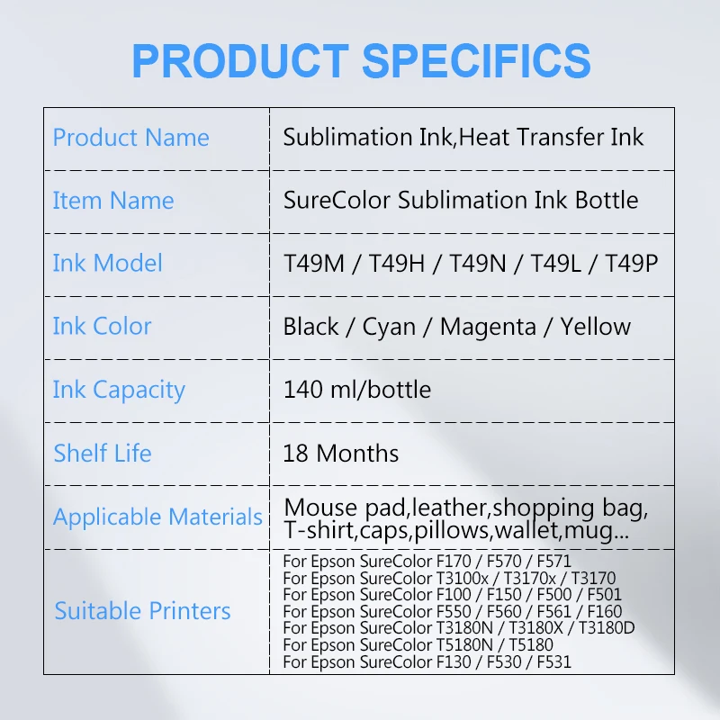 140ML T49 T49M T49H T49N T49L T49P Sublimation Ink Epson F170 F570 F571 T3100x T3170 F100 F150 F500 F550 F560 F561 F160 F530