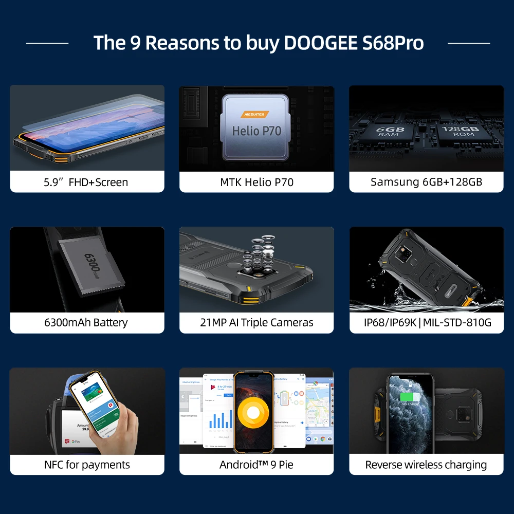 IP68 Водонепроницаемый DOOGEE S68 Pro прочный телефон Беспроводная зарядка NFC 6300 мАч 12V2A зарядка 5,9 дюймов FHD+ Helio P70 Восьмиядерный 6 ГБ 128 ГБ