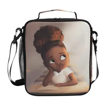 

Portable Fitness Cool Box Boys Girls Children Thermal Lunch Box Kids American Art Black Girls Print School Insulated Lunch Bag
