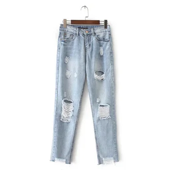 

2019 Women's New Hole Jeans Washed Irregular Fashion Trend Sexy Comfortable Soft Tassel Burr Light Blue Jeans