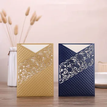 

1pcs Blue Gold Sample Laser Cut Flora Wedding Invitations Card Lace Rose Greeting Cards Custom Birthday Wedding Party Decoration