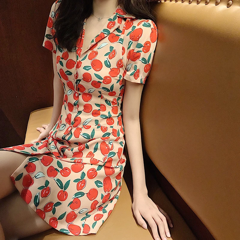 

2020 Spring New Korean Chic Notched Short Sleeve Sweet Floral Dress Slim Fit Button Harajuku High Waist Pocket Blazer Dress