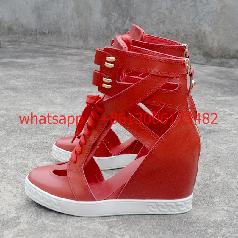real photo custom made real leather women hollow high top lace up red  sneaker 8CM inner wedge heel high top sneaker woman|Women's Vulcanize Shoes|  - AliExpress