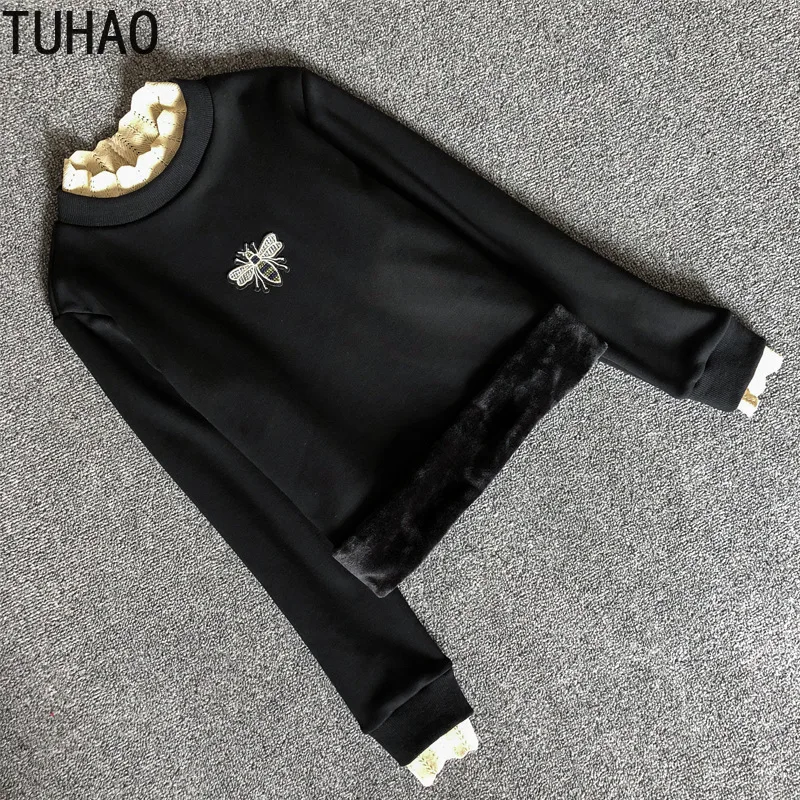 TUHAO, большие размеры 4XL 3XL, женские свободные толстовки с вышивкой пчелы и кружевным воротником, толстовка размера плюс, плотные теплые бархатные толстовки