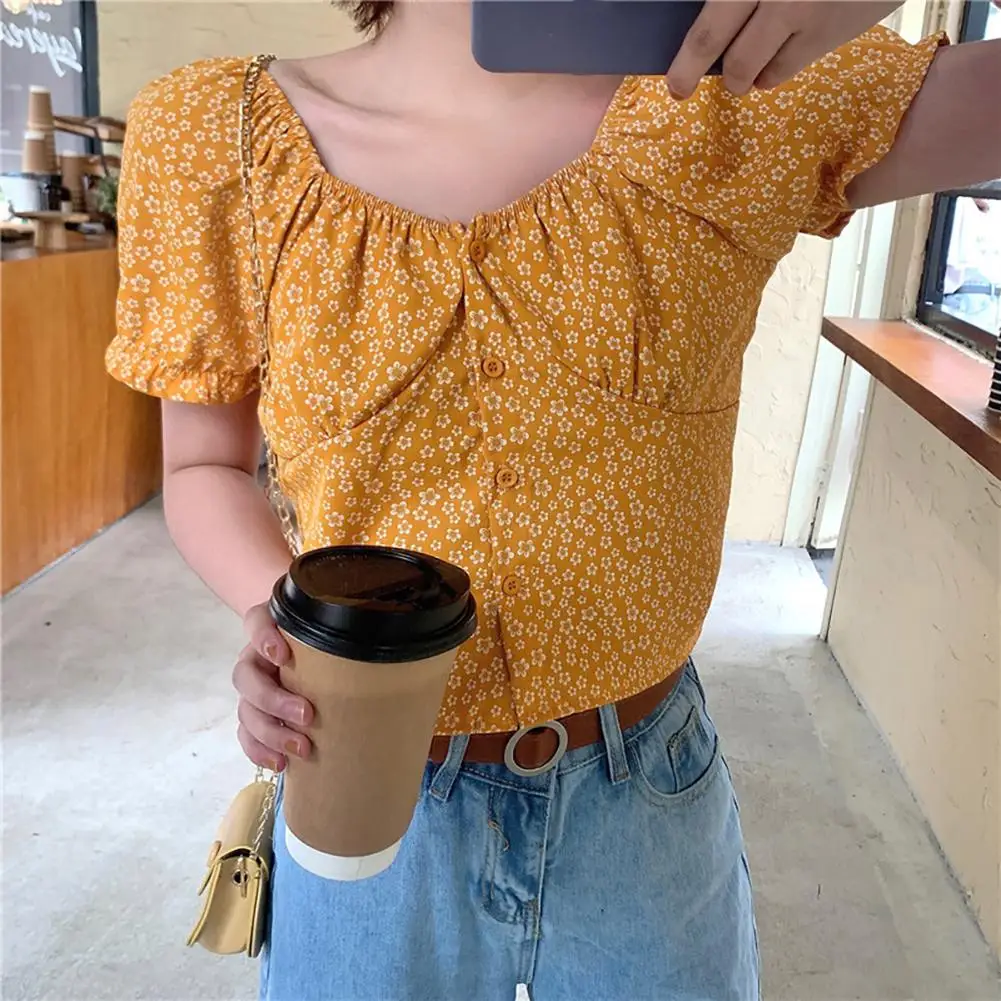 Women Summer Blouse Short Sleeve Floral Print Ruffles Ruched Ladies Fashion Sexy Shirt Top Woman Blouse And Top 1