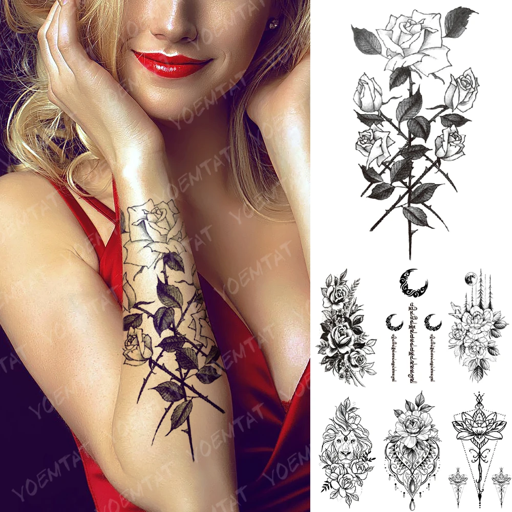 

Waterproof Temporary Tattoo Sticker Moon Rose Mandala Lotus Flash Tattoos Lion Fox Flowers Body Art Arm Fake Tatoo Women Men