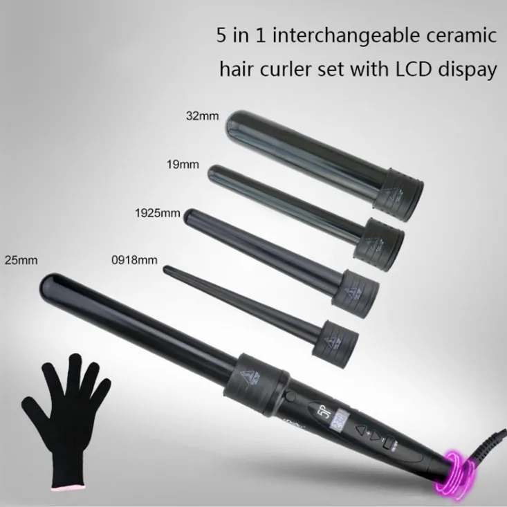 

5 - 1 Hair Curling Rod Set 5 Waves With Ceramic Cask And Protective Gloves, With 5 Interchangeable Curling Rods Styling Tool Kit