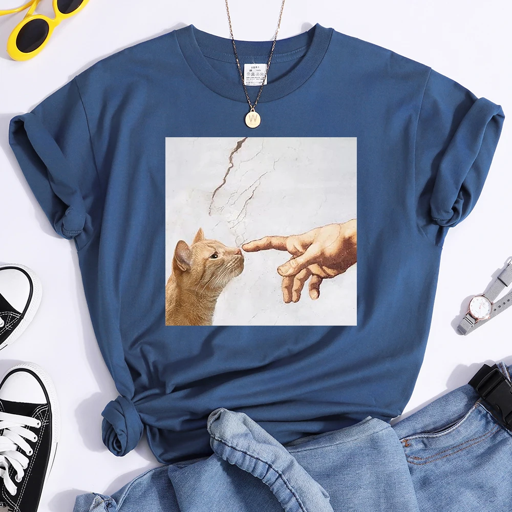 T Shirt Funny Cute Cat And Manpower Printed Womens T-Shirt Kawaii Fashion Woman Clothes Oversized Harajuku Tshirt For Women's | Женская