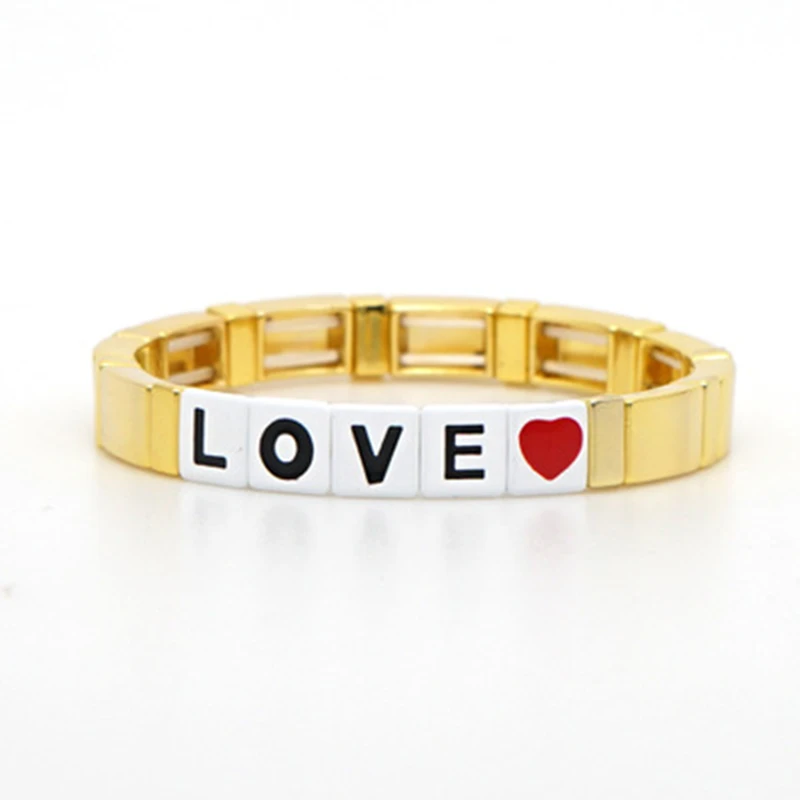 Letter LOVE Bohemia Ins Handmade Charm Enamel Rainbow Tile Bracelet Women Colorful Painted Metal Bracelets Wholesale Jewelry
