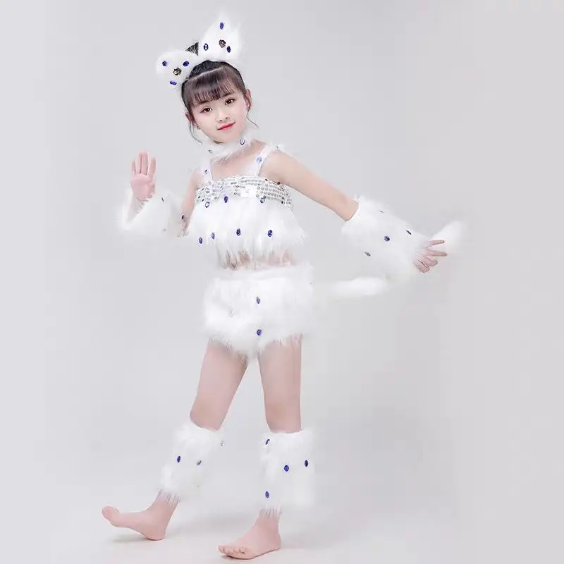 

Children's performance clothes Persian cat kids Day Christmas costume Sequined white kitten dance clothes