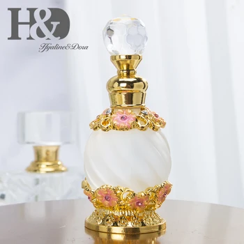 

H&D 15ml Fancy Retro Round Empty Perfume Bottle Antique Pink Flower Pattern Refillable Fragrance Containers Decor Lady's Gift