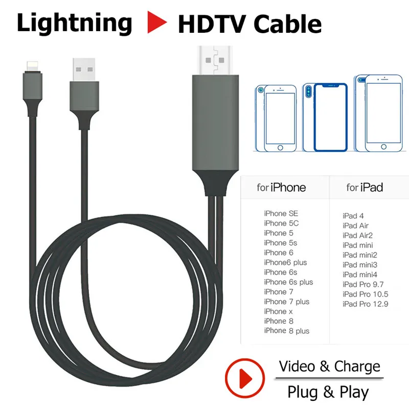 Переходник USB Lightning/HDMI 1080p 3 в 1 ТВ-выход совместимый с iPhone 5 6 7 8 X 11 2 метра | Мобильные
