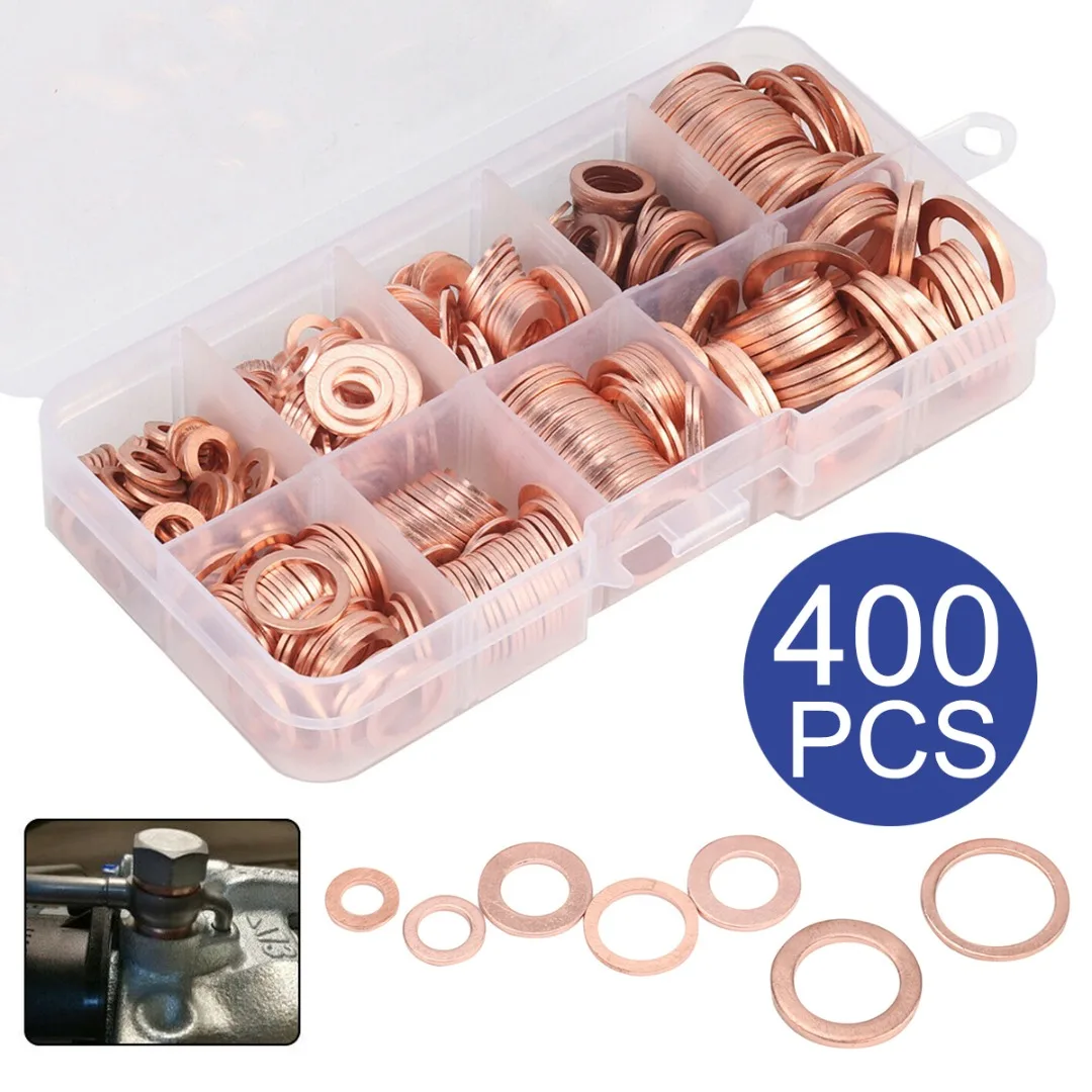 

400pcs/set Copper Washer Gasket Nut and Bolt Set Flat Ring Seal Assortment Kit With Box M5 M6 M8 M10 M12 M14 Size