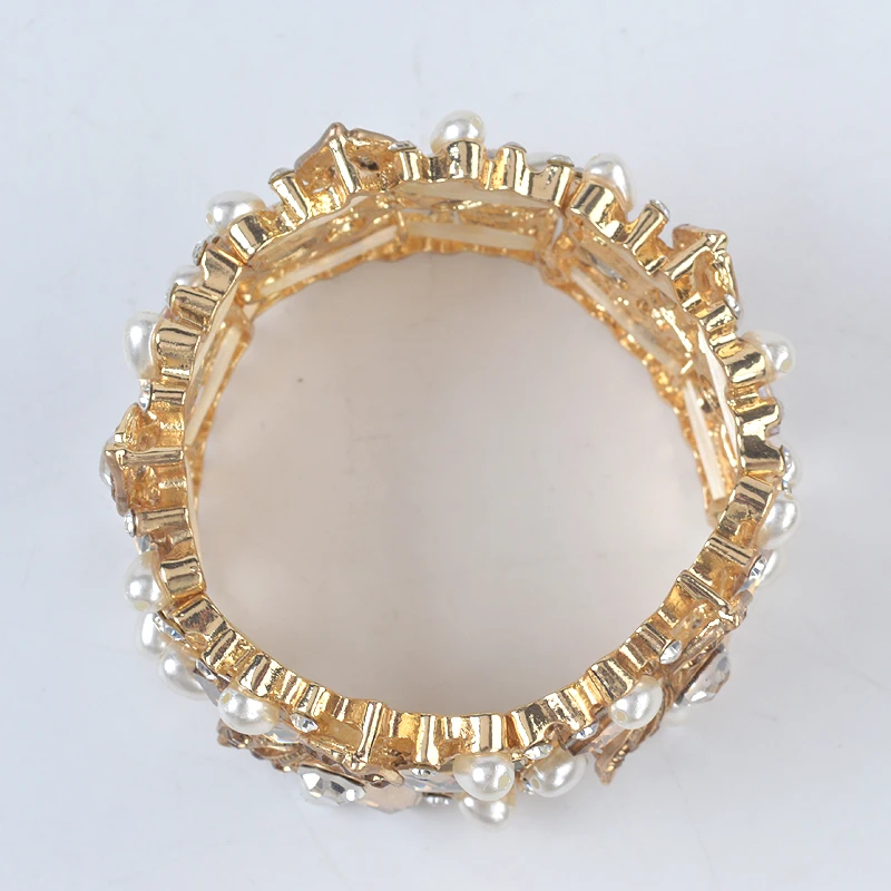 Luxury champagne color Crystal pearl Cuff Bangles Bracelet Big Wide Stretch Indian Bangle Jewelry Gifts for Women Accesorios