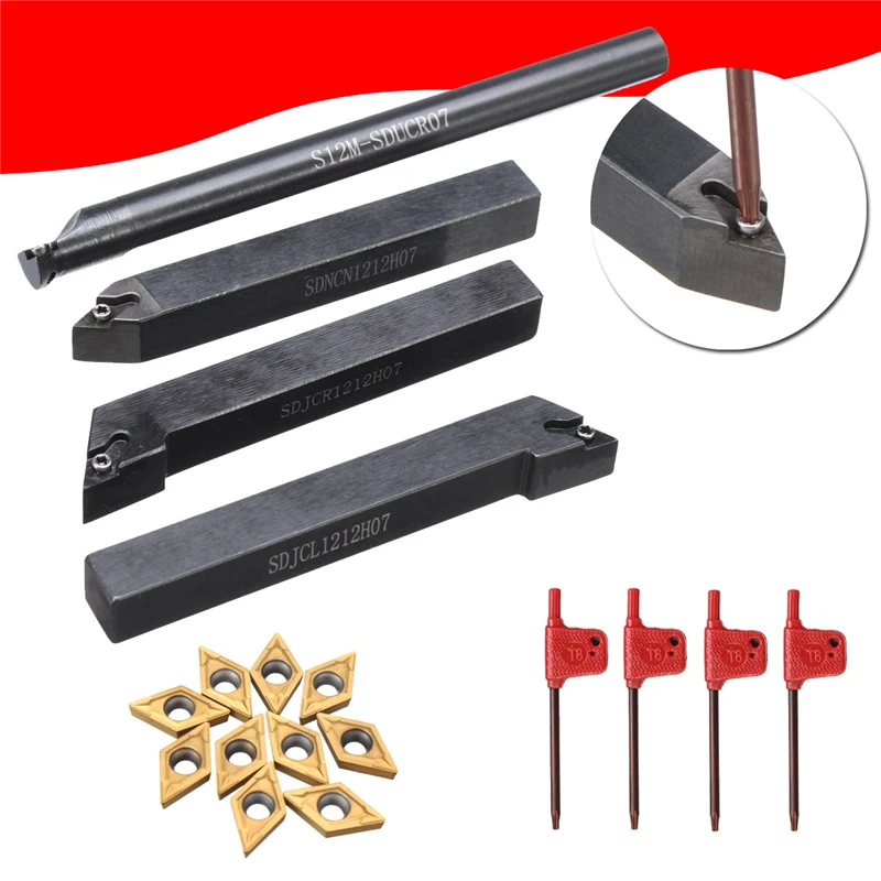 10pcs Carbide Insert Blades+ 4pcs Lathe Boring Bar Turning Tool Holder Set+ 4pcs Wrench for Lathe Turning Tool Machine Sets