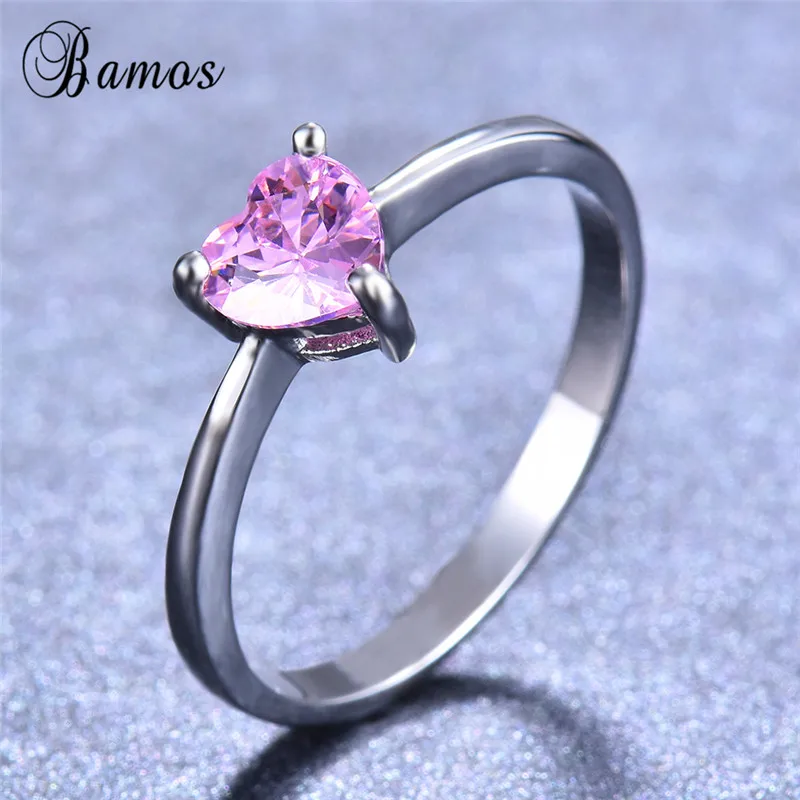 Pink Роскошное женское маленькое кольцо с белым сердцем, серебряное кольцо с кристаллами, винтажное обручальное кольцо для женщин - Цвет основного камня: Pink
