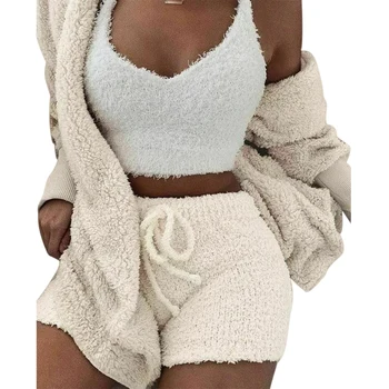

Fluffy Hooded Long Sleeves Coat Open Front Teddy Shorts Vest Set for Women Winter Hot Sales