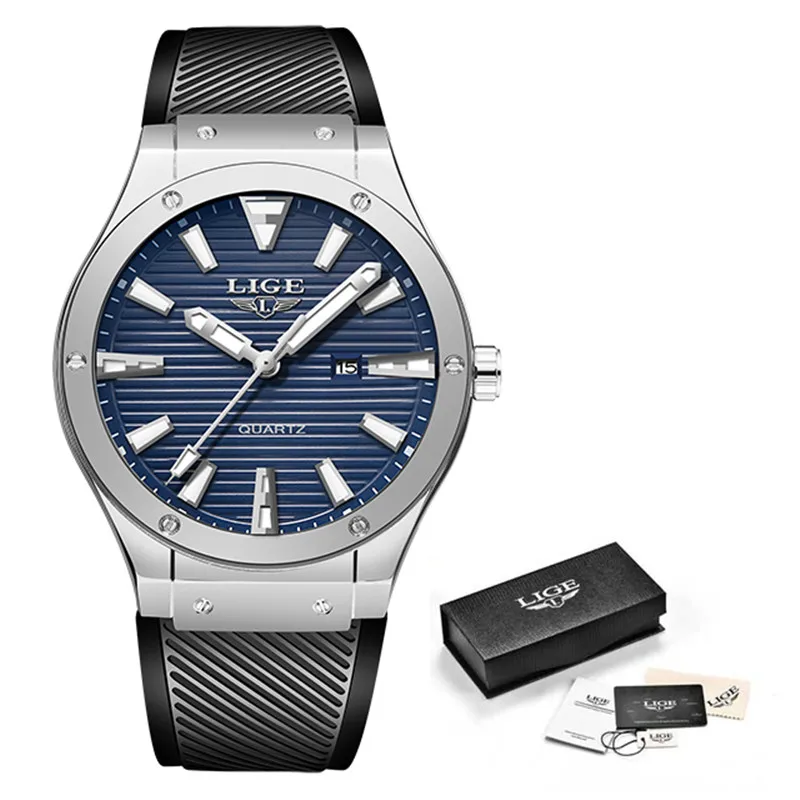 Silver Blue LIGE мужские военные часы модные креативные часы с силиконовым ремешком спортивные водонепроницаемые кварцевые часы мужские s часы Relogio Masculino+ коробка - Цвет: Silver Blue