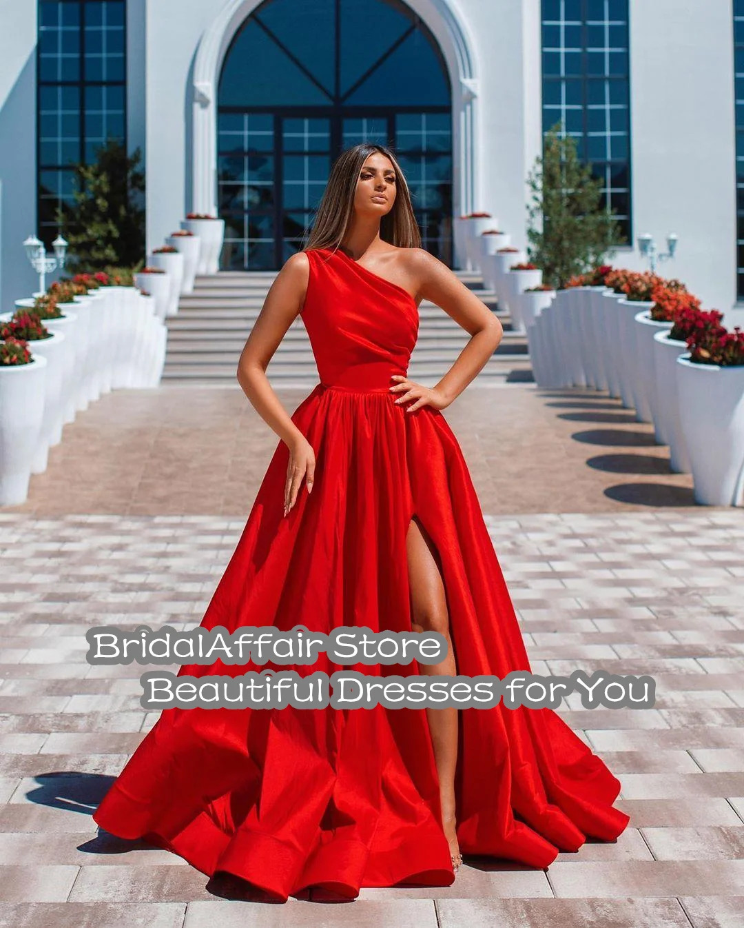 long sleeve prom & dance dresses BridalAffair Festival Red A Line Long Prom Dress Side Slit One Shoulder Vestidos De Fiesta Ruched Cheap Bride Party Evening Gown princess prom dresses