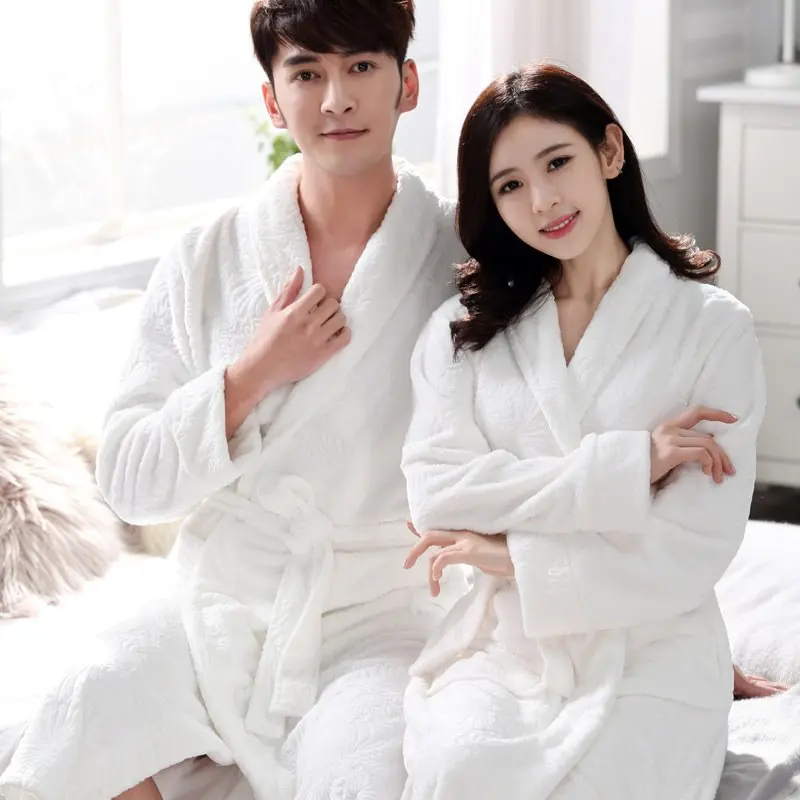 Autumn Winter Couple Long Flannel Bathrobe Men Women Print Thick Plus