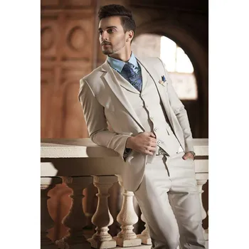 

Mens Suits (Jacket+Pants+vest) Hot Sale Beige Two Buttons Notch Lapel Men Suits Slim Fit CostumeWedding Dress Groom Tuxedos Prom