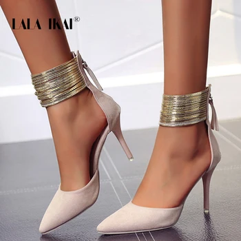 

LALA IKAI 2020 Women Sandals Ankle High Thin Heels Pointed Toe Lace-up Party Wedding Design Summer Women Shoes XWC6501-4