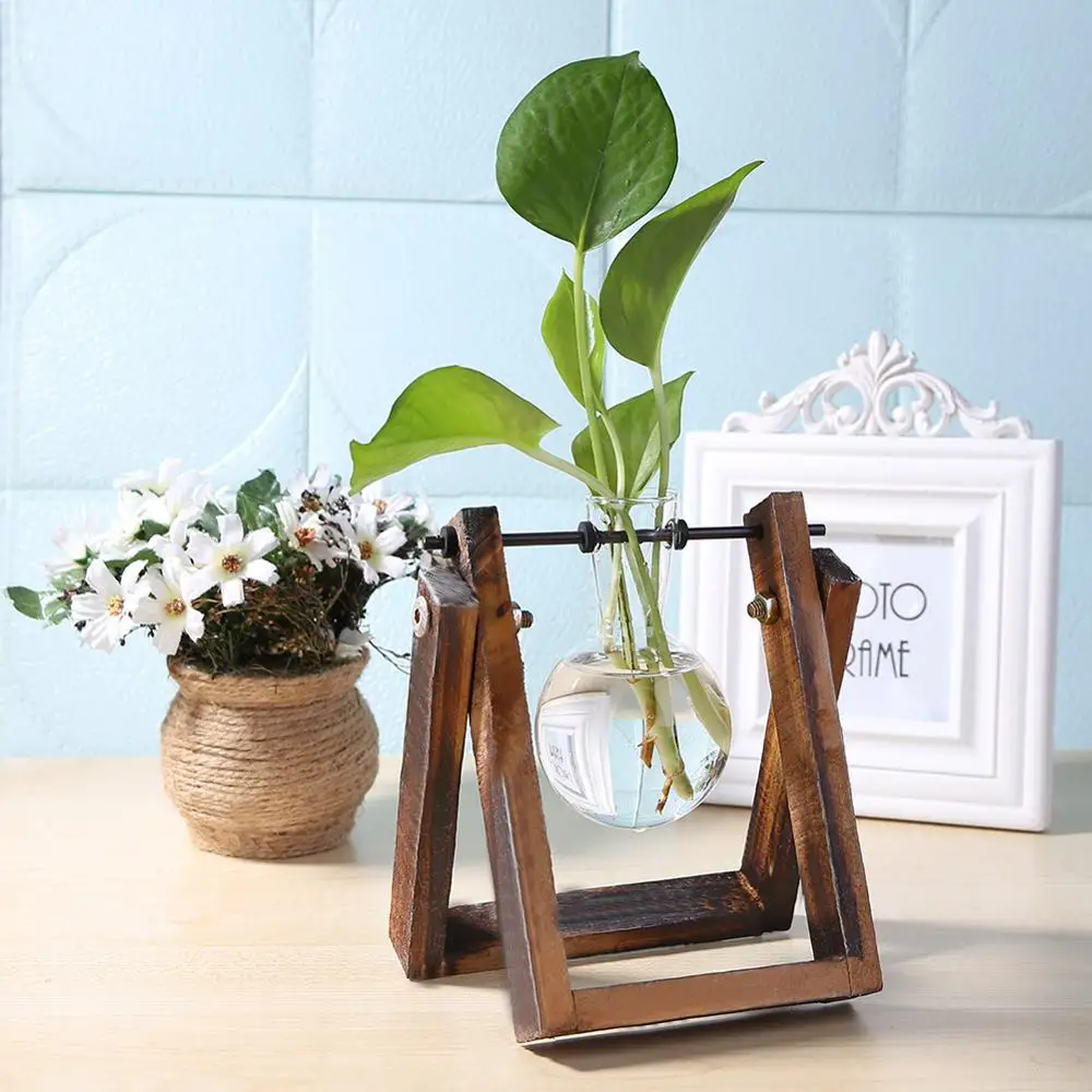 Стеклянная и деревянная ваза для растений, настольный стол для террариума, гидропоника, бонсай, цветочный горшок, подвесные горшки с деревянным поддоном, домашний декор - Цвет: StyleA 1