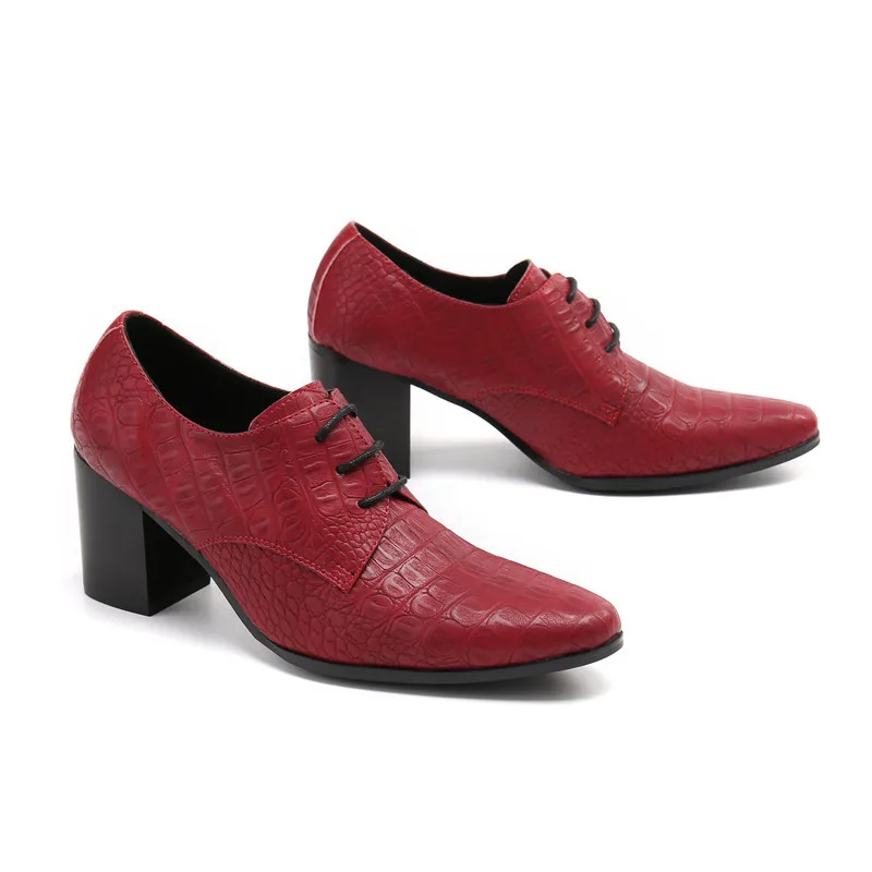 Red Embossed Leather Wedding Dress Shoes Men High Heels Men's Career Work Pointed Toe Lace Up Height Increase Shoes Size 37 46