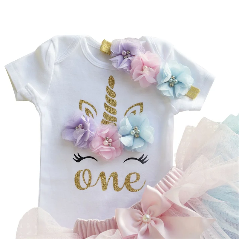 Комплект одежды для новорожденных девочек; летняя одежда для первого дня рождения с единорогом; костюм для девочек; футболка; платье-пачка; комплекты с повязкой на голову