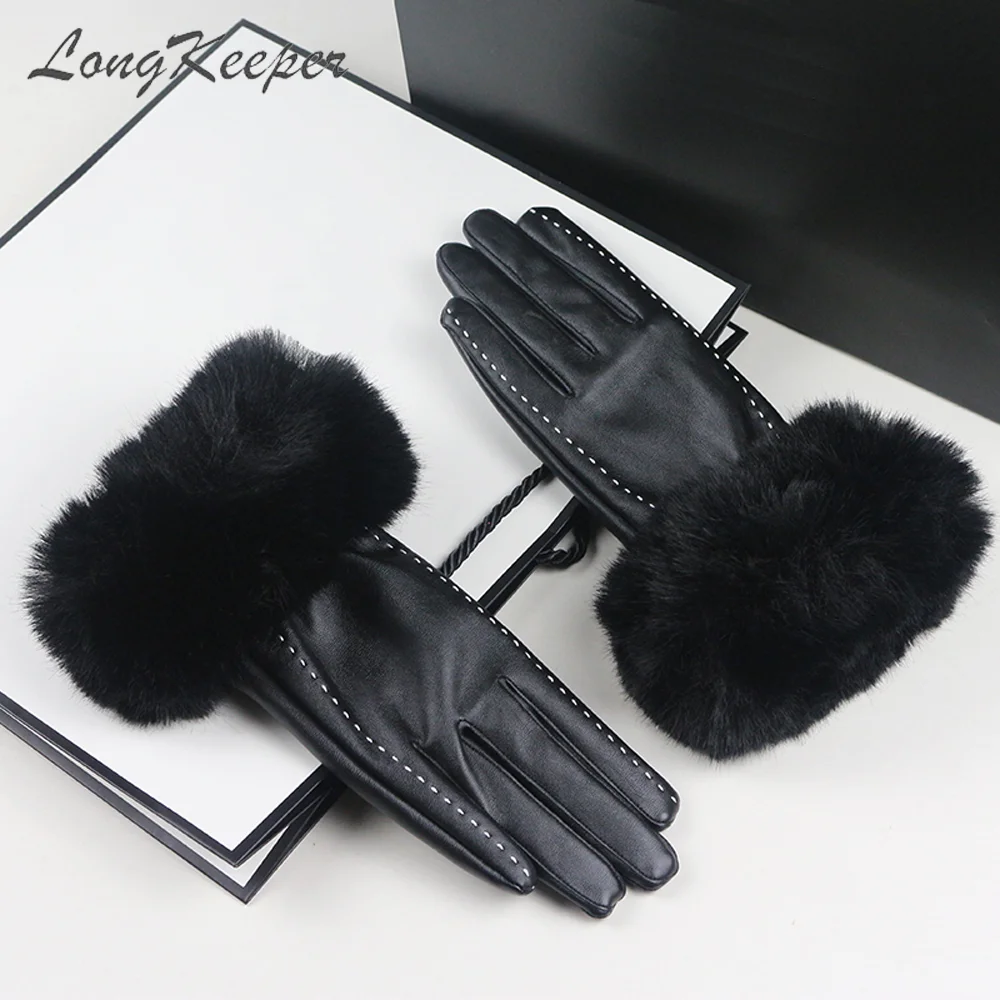 

LongKeeper Brand New PU Leather Gloves Women Touch Screen Full Finger Mittens For Driving Ladies Female Warm Velvet Luvas