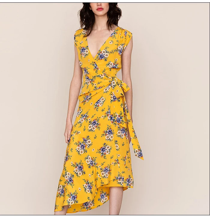 S.FLAVOR Women V-neck printing long vestidos good quality Casual Spring Summer dress Popular sleeveless Sexy Printing Dress