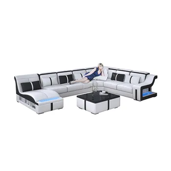 

new modern living room furniture LED light extra large sectional leather sofa with massage function chaise