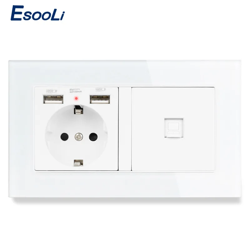 Роскошная стеклянная панель Esooli настенная розетка стандарта ЕС 2 USB порт для