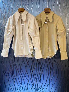 

2020 New Style for Autumn and Winter Women's Clothing Irregular Lapel Bubble Long Sleeves Decorated Solid Wild Shirt 906