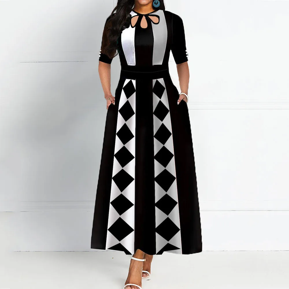 

2020 Spring Summer Plus Size African Party Dress Long Elegant Vintage Robe Black Maxi Dresses A Line Print Office Vestidos 2XL