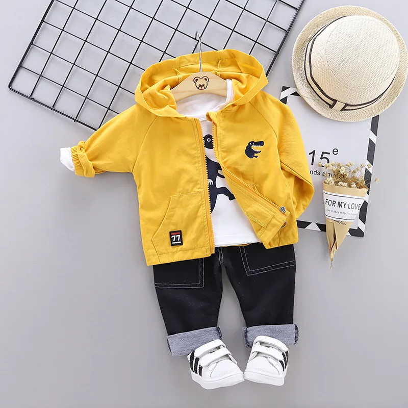 fashion baby boy clothing dinosaur pattern 3pieces set Jacket t-shirt pants fall clothes for toddler children hooded coat