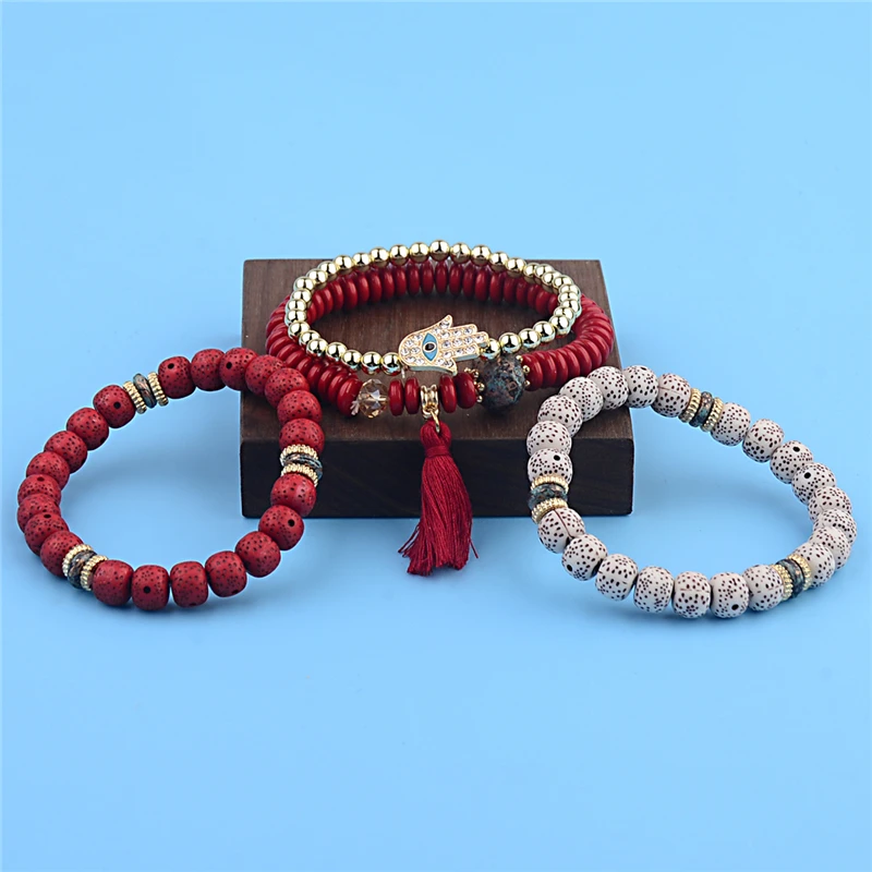 Vintage Bohemian Charm Bracelet Set with Natural Stone Beads and Tassel Pendants - 4 Pieces