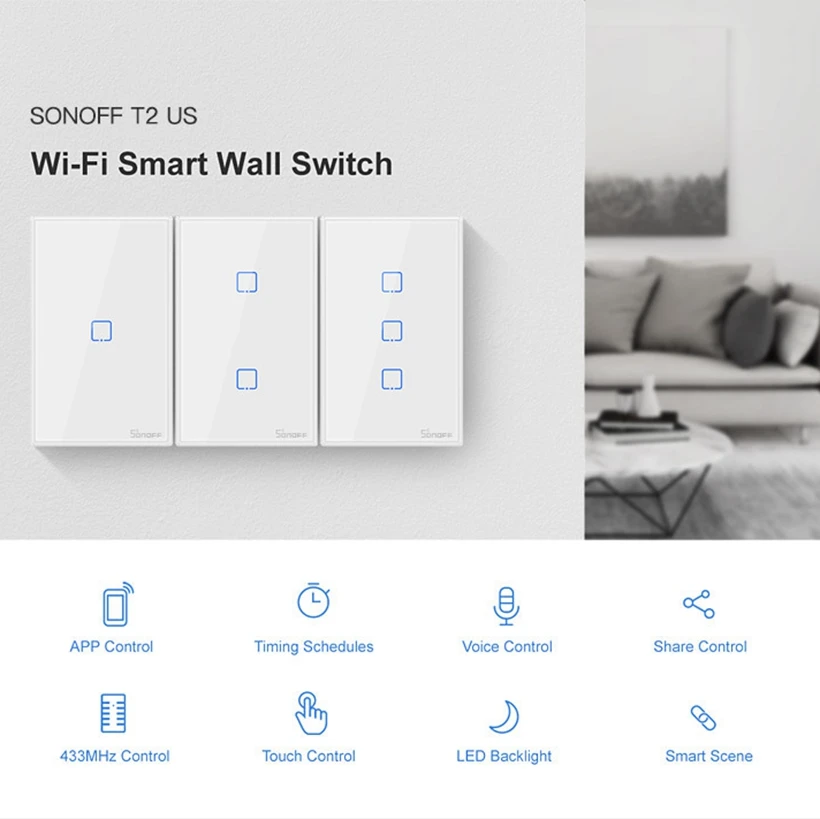 Sonoff T2 США умный Wifi настенный светильник переключатель 1 2 3 Банды сенсорный/WiFi/433 RF/APP пульт дистанционного управления умный дом настенный сенсорный переключатель работает с Alexa
