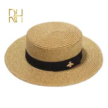 Ladies Sun Boater Flat Hats Small Bee Sequins Straw Hat Retro Gold Braided Hat Female Sunshade Shine Flat Cap RH